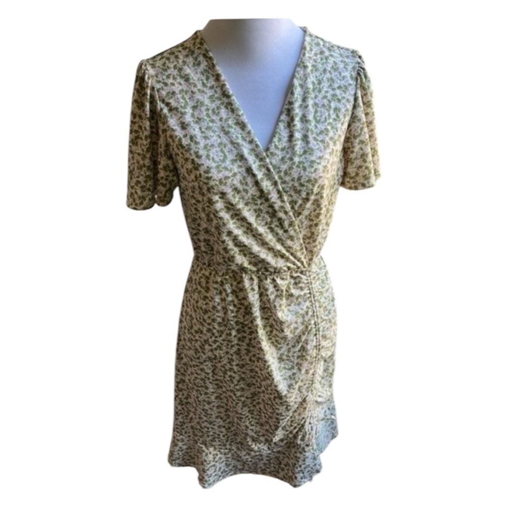 Monteau Floral Leaf Print Faux Wrap Mini Dress XS Green Cream 3/4 Sleeve Stretch - Picture 3 of 9